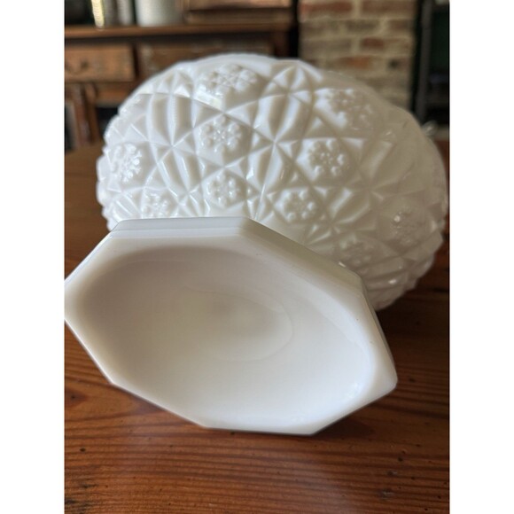 Vintage Kemple Toltec Pattern Milk Glass Oval Pedestal Scalloped Edge Bowl Wowza - Picture 11 of 11